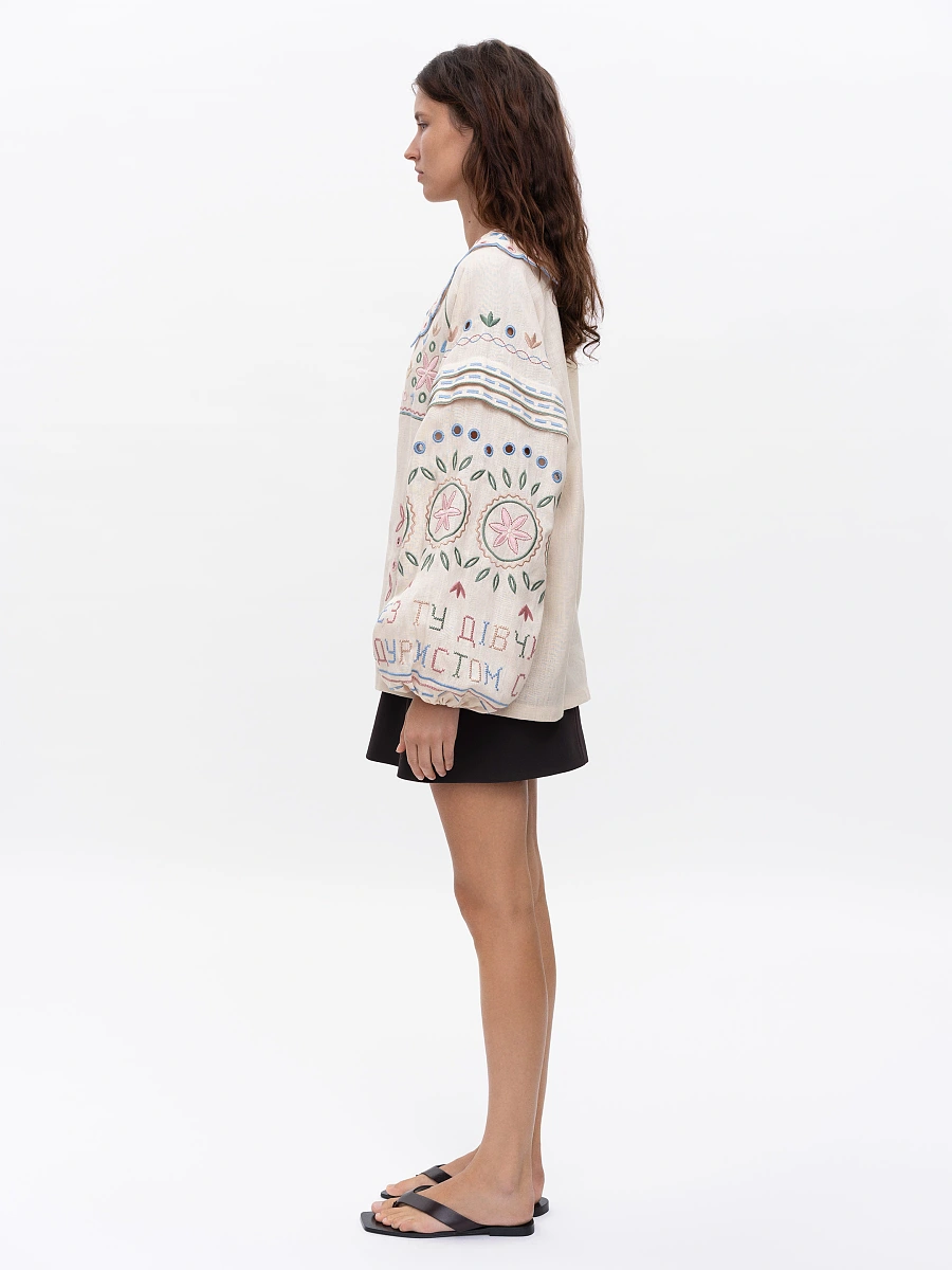 Embroidered jacket made of black linen with a collar Bandura Temna — Creamy