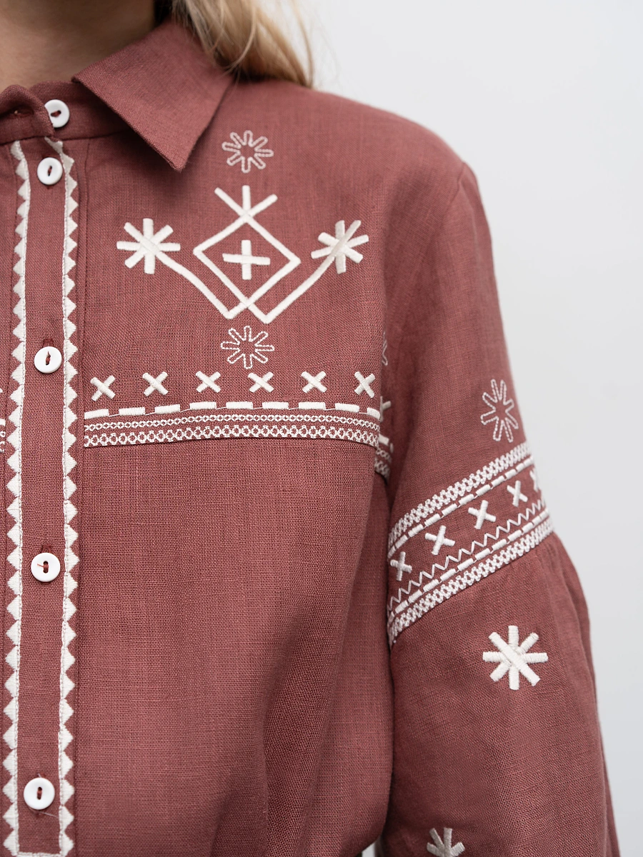 White linen shirt with embroidery Tsvit — Brown
