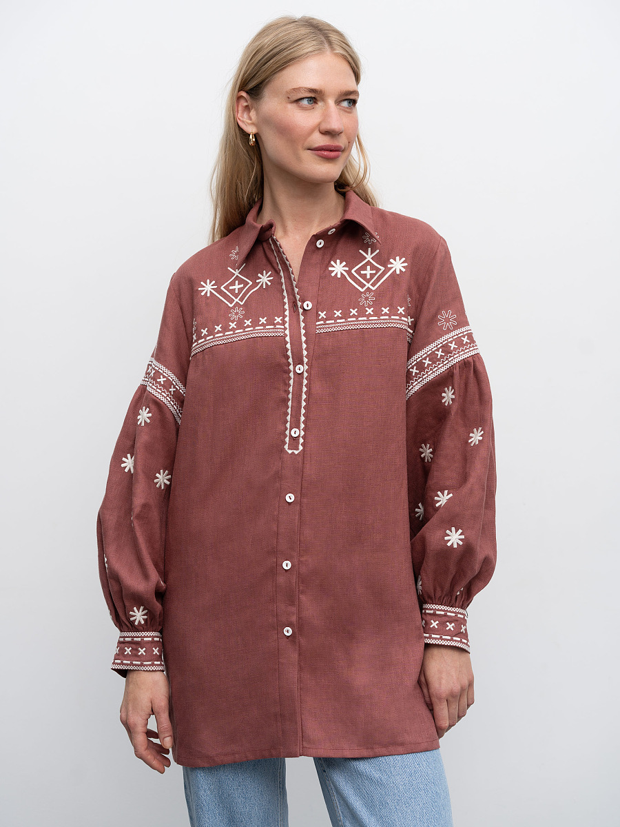 Terracotta linen shirt with embroidery Tsvit Tera [0]