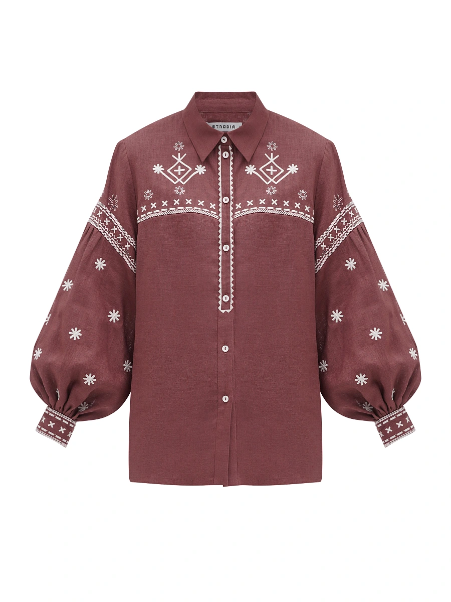 White linen shirt with embroidery Tsvit — Brown