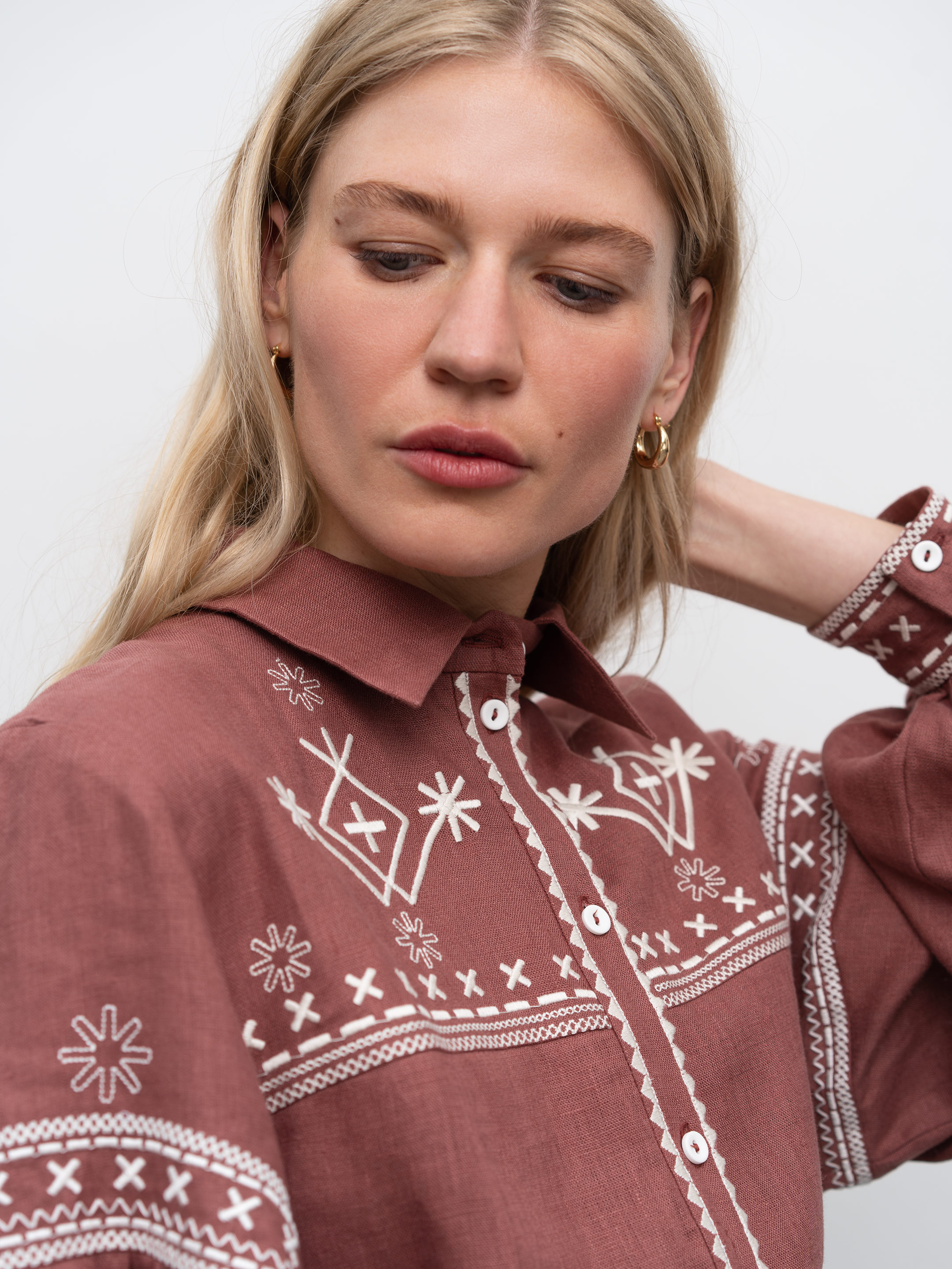 Terracotta linen shirt with embroidery Tsvit Tera cheap