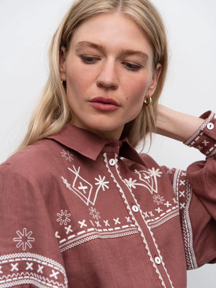 White linen shirt with embroidery Tsvit — Brown