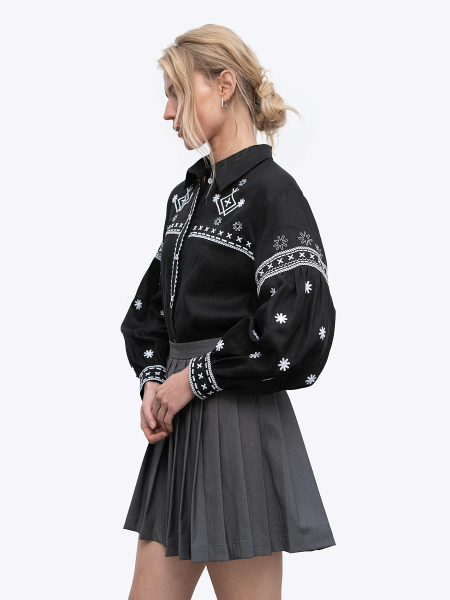 Black linen shirt with embroidery Bloom Black [0]