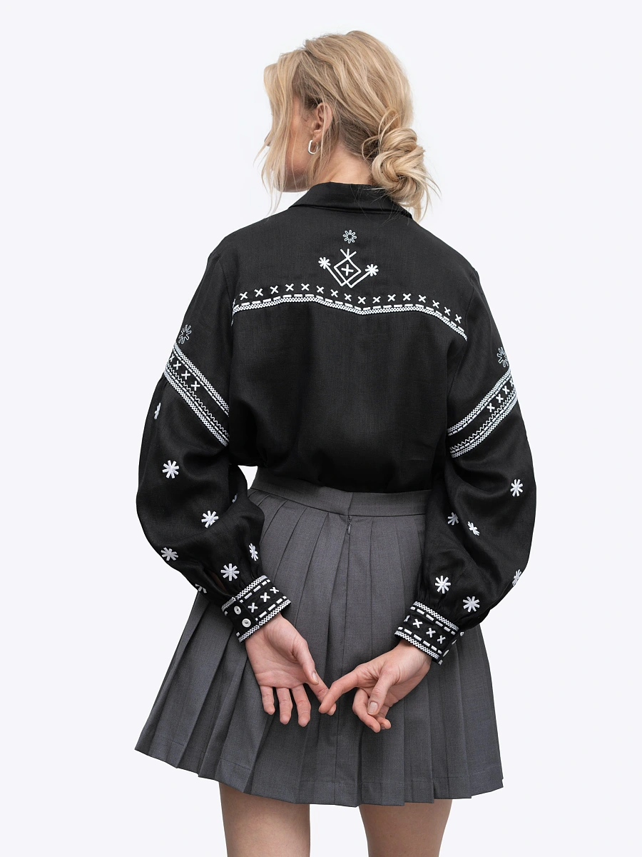 Terracotta linen shirt with embroidery Tsvit Tera — Black