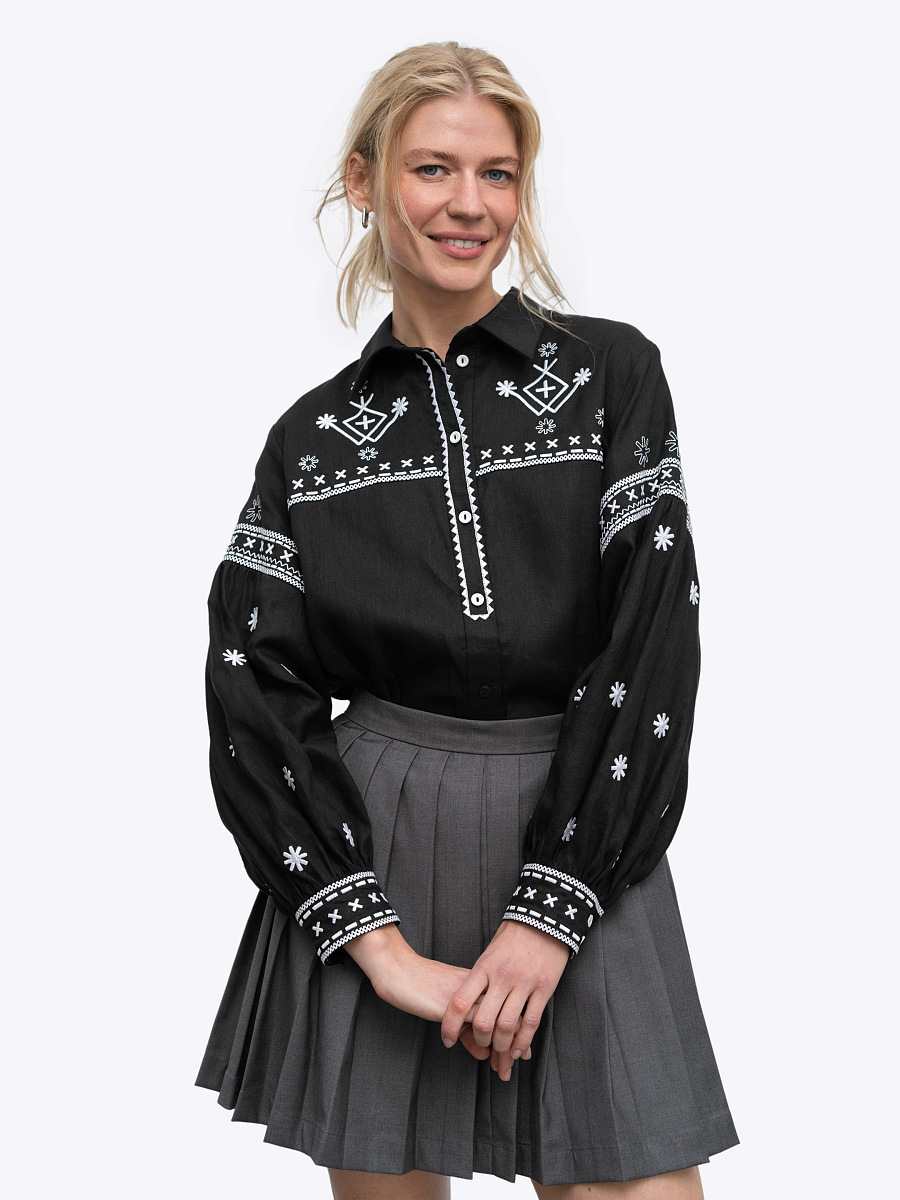 Black linen shirt with embroidery Bloom Black [0]