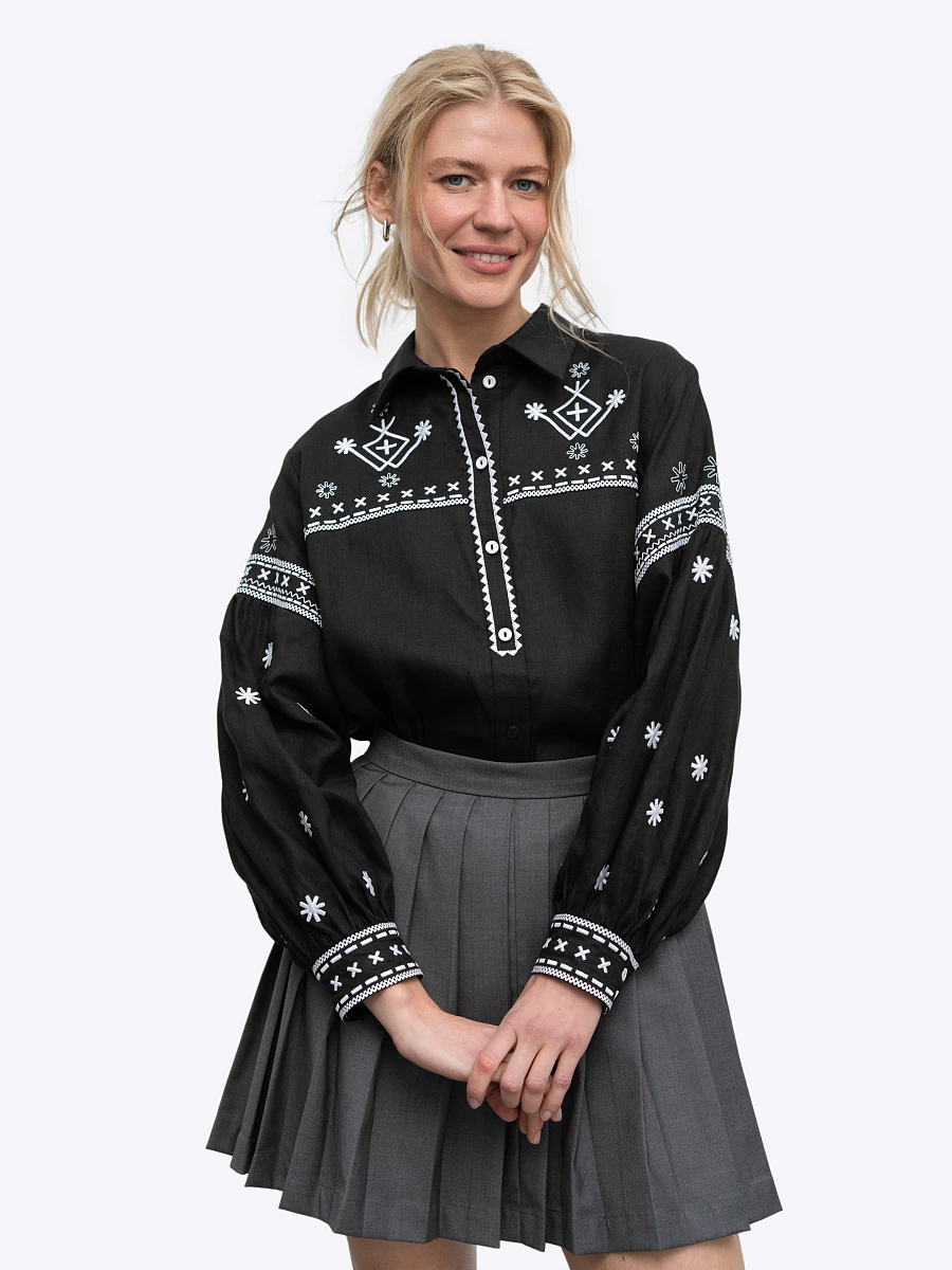 Terracotta linen shirt with embroidery Tsvit Tera — Black