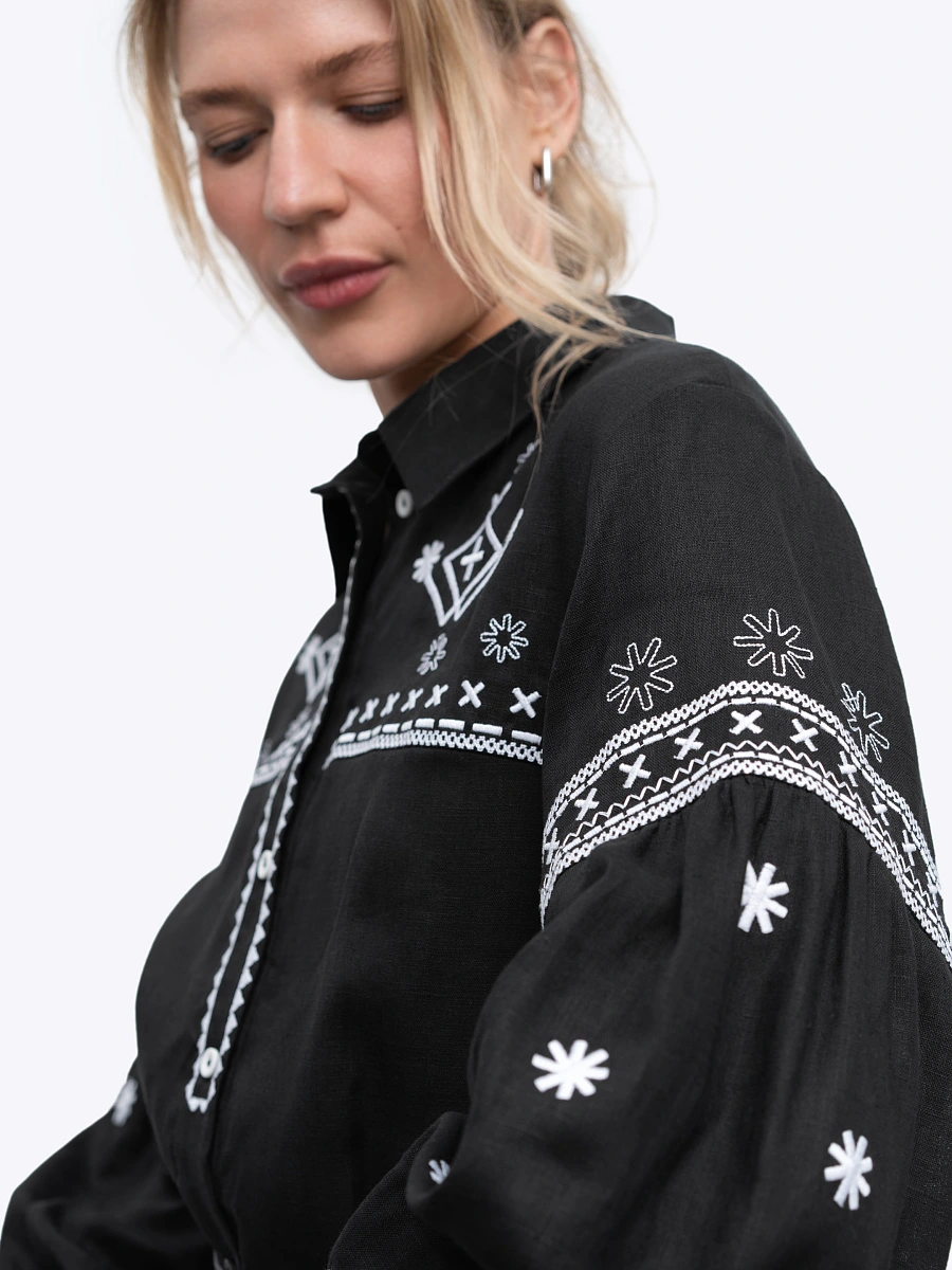 Terracotta linen shirt with embroidery Tsvit Tera — Black