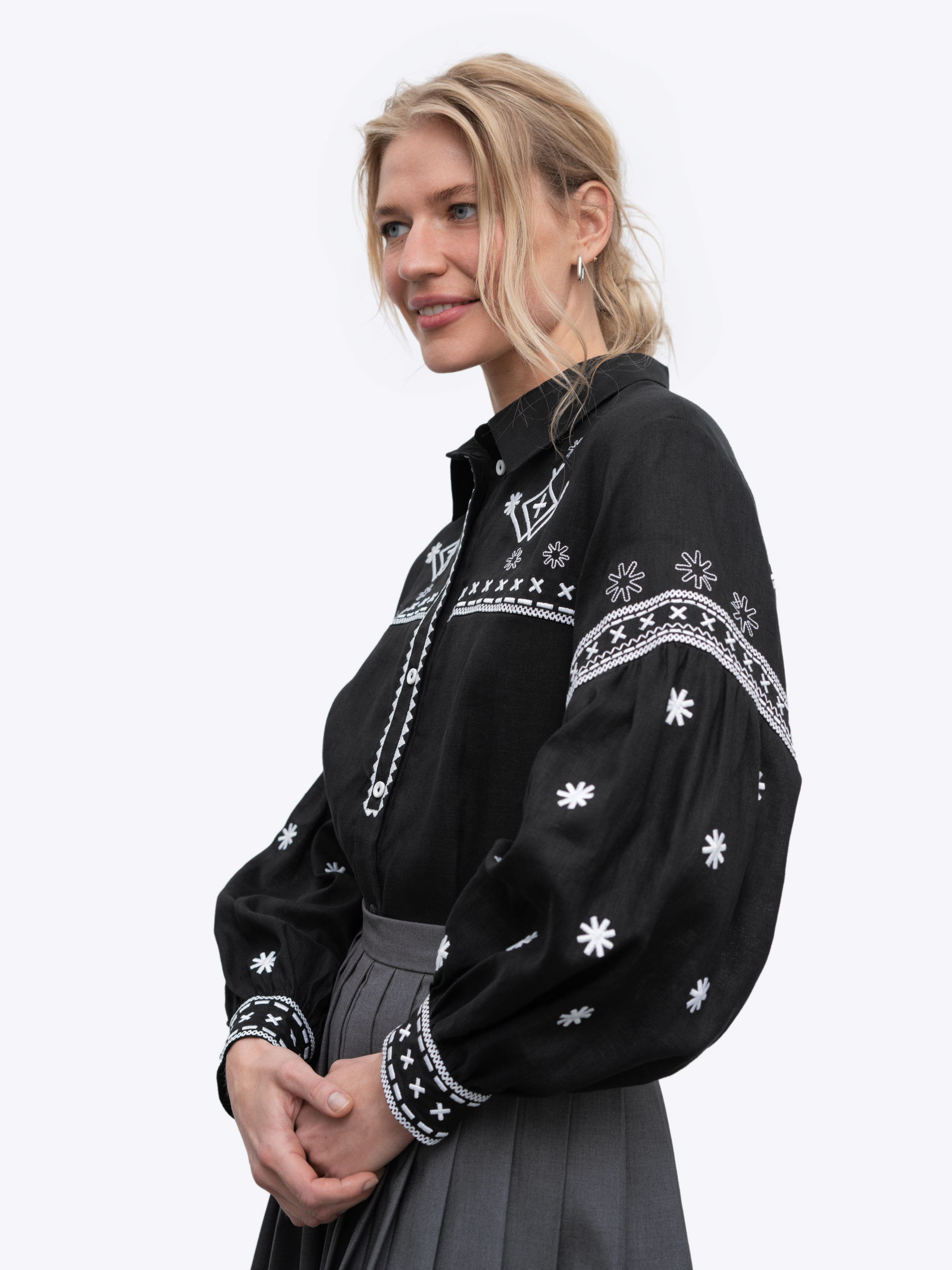 Black linen shirt with embroidery Bloom Black cheap