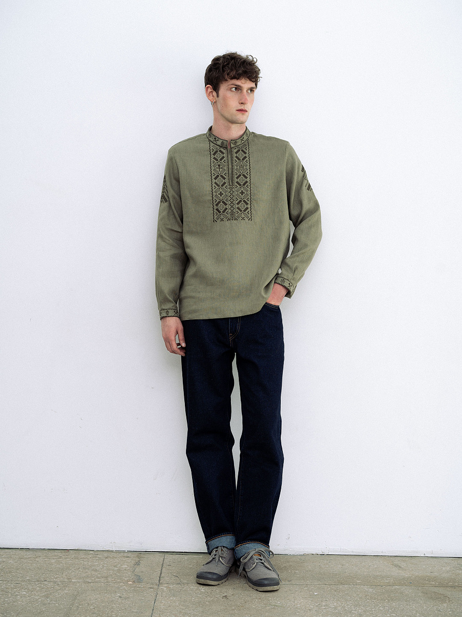 Khaki linen embroidered shirt for men Vidsich Khaki [0]
