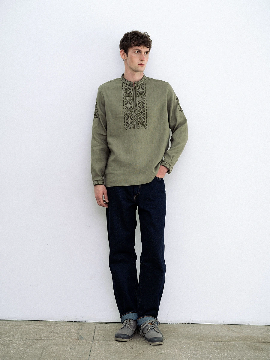 Black linen embroidered shirt Vidsich — Green
