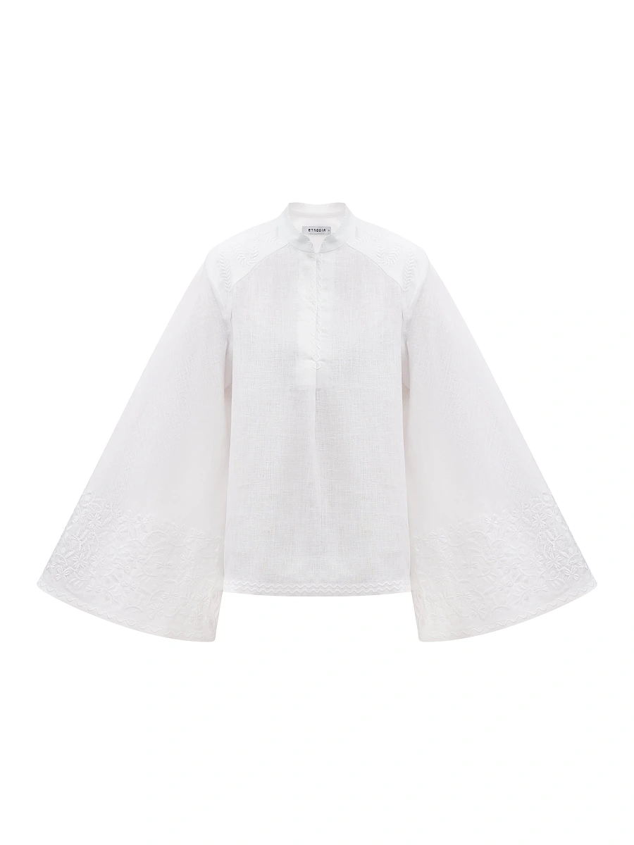 Linen blouse with wide sleeves and embroidery Teren Syniy — White