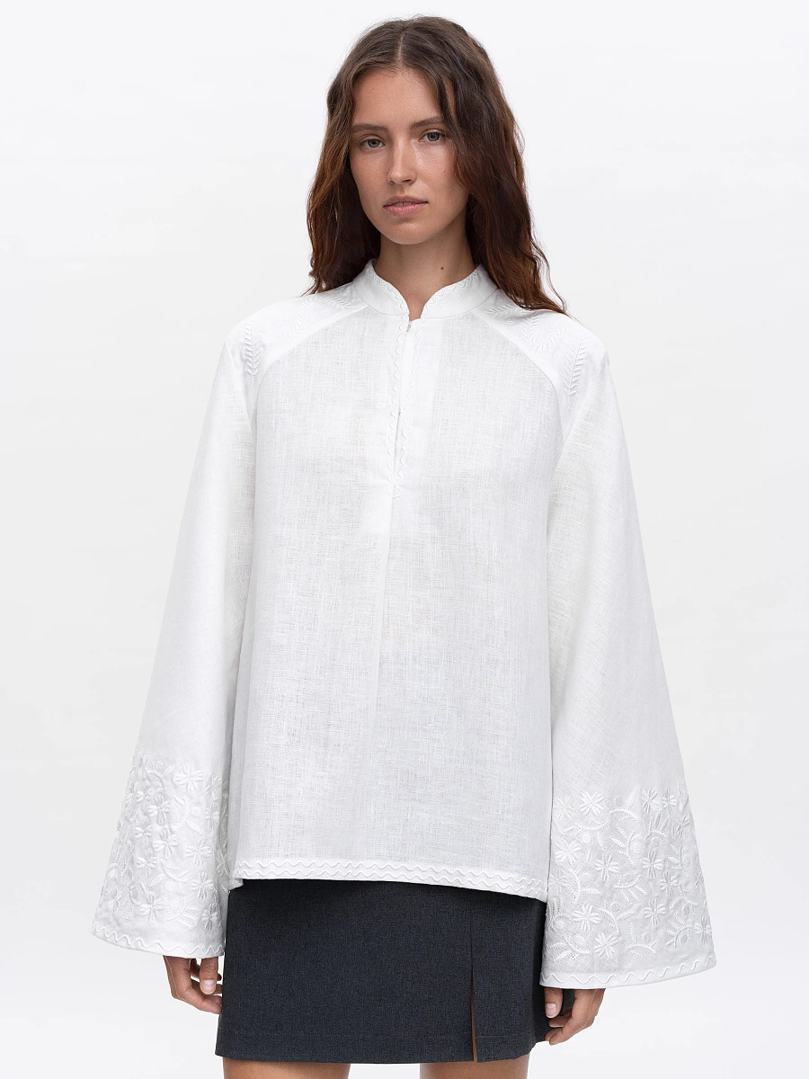 Linen blouse with wide sleeves and embroidery Teren Syniy — White