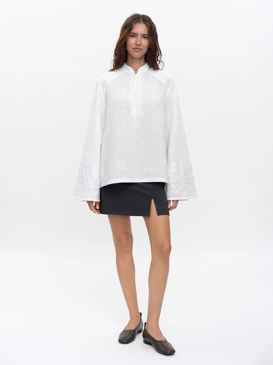 Linen blouse with wide sleeves and embroidery Teren Syniy — White
