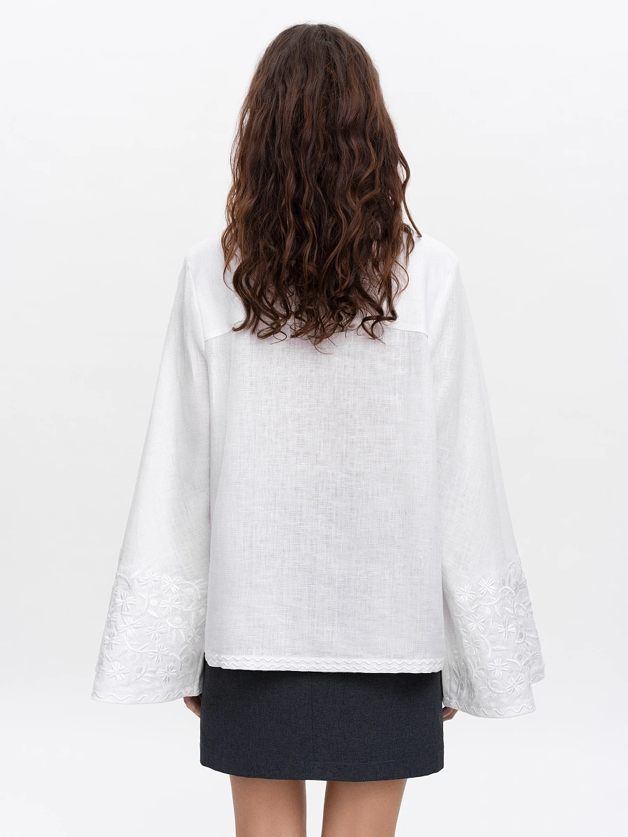 Linen blouse with wide sleeves and embroidery Teren Syniy — White