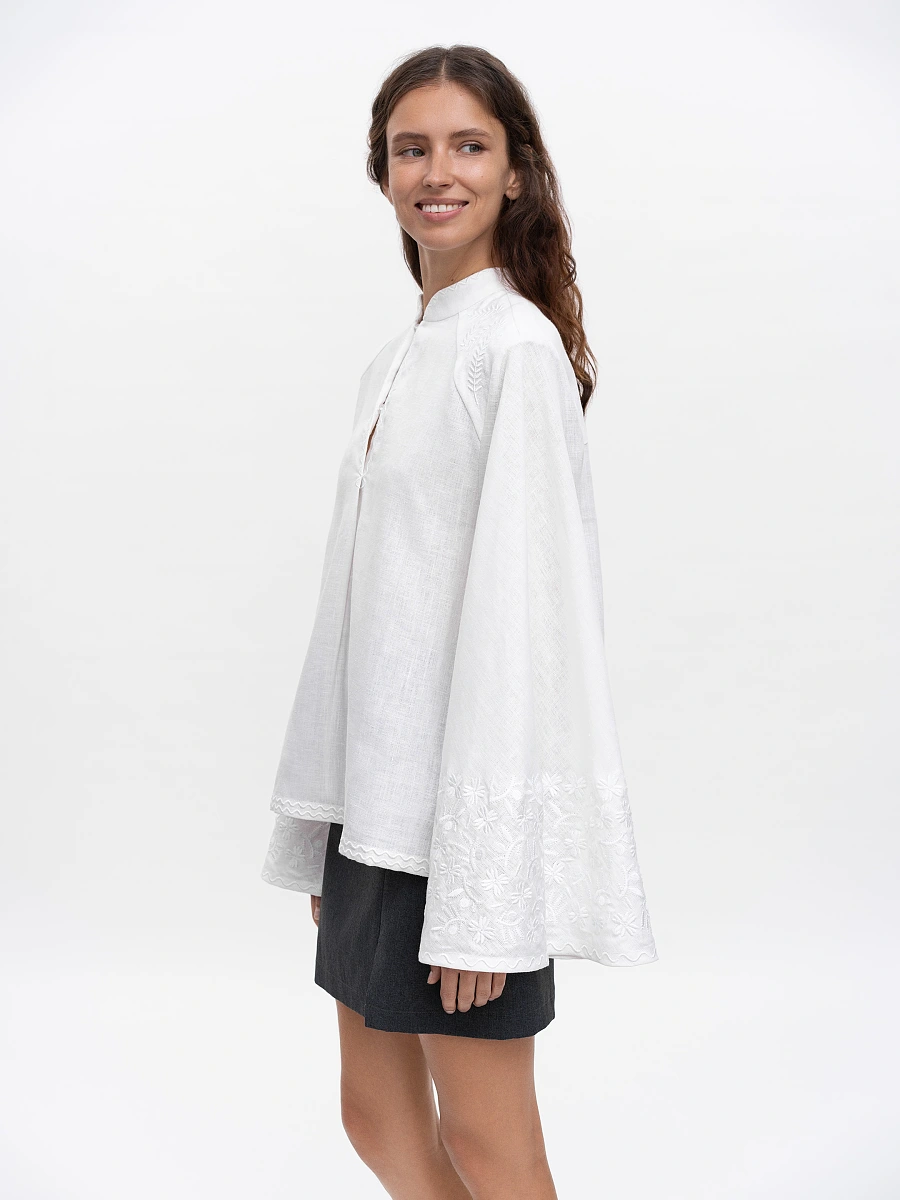 Linen blouse with wide sleeves and embroidery Teren Syniy — White