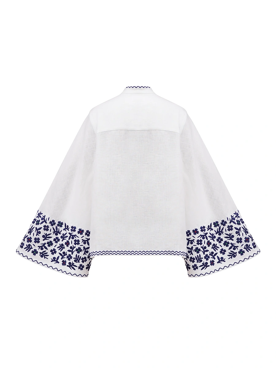 Linen blouse with wide sleeves and matching embroidery Teren Mono — Blue