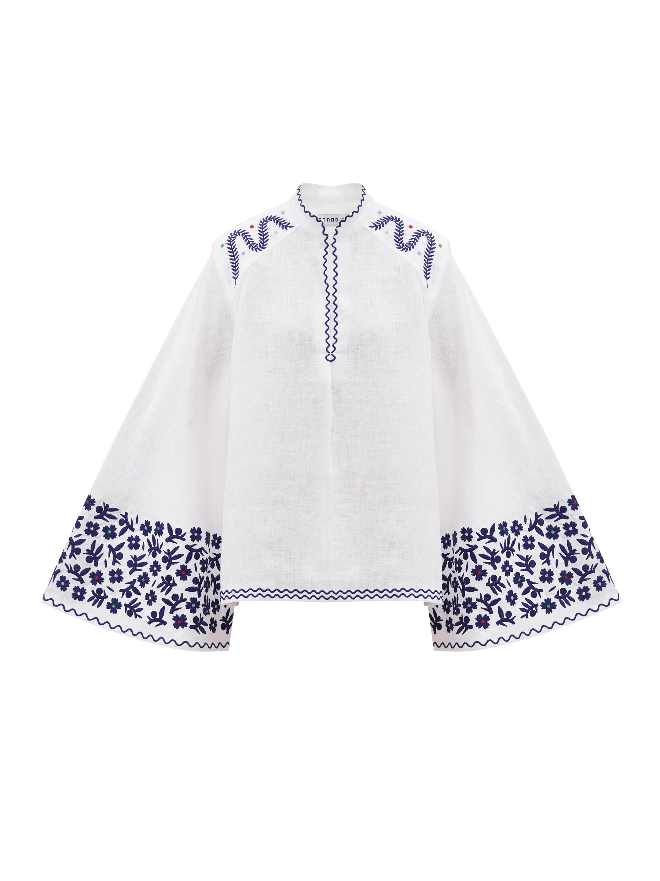 Linen blouse with wide sleeves and embroidery Teren Syniy fitting