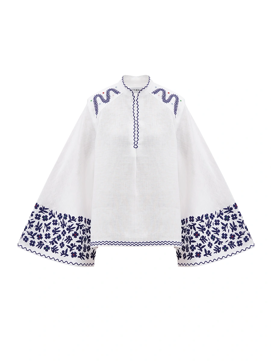 Linen blouse with wide sleeves and matching embroidery Teren Mono — Blue