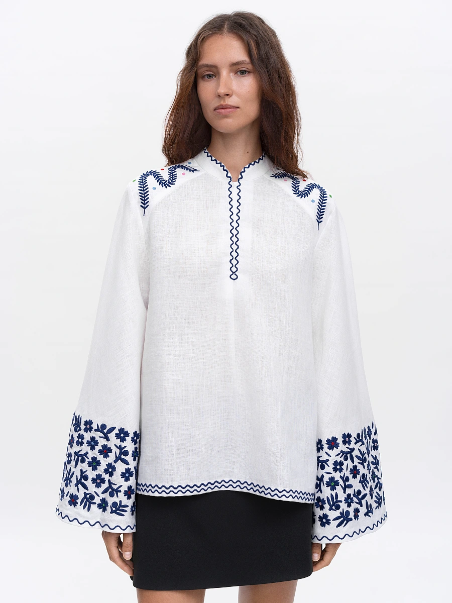 Linen blouse with wide sleeves and matching embroidery Teren Mono — Blue