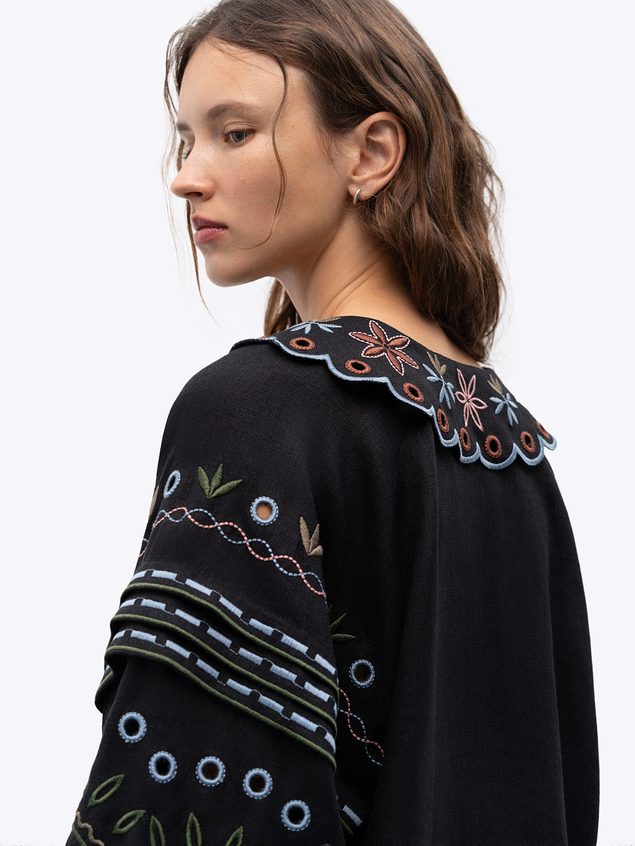 Embroidered jacket made of black linen with a collar Bandura Temna [0]