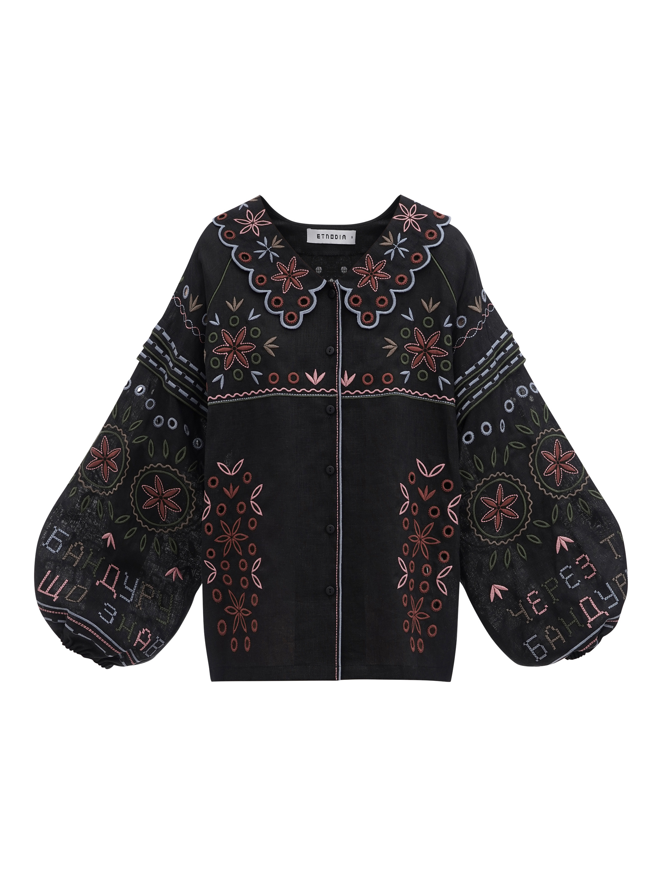 Embroidered jacket made of black linen with a collar Bandura Temna sizes