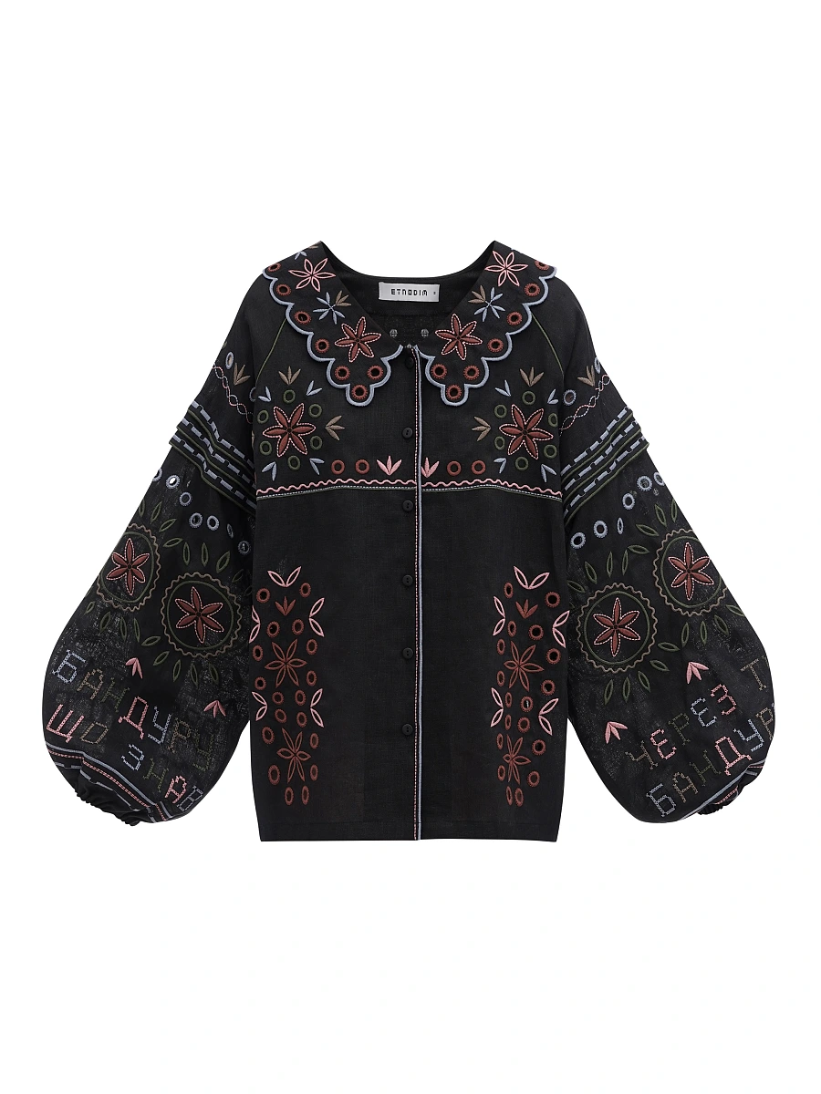 Embroidered beige linen shirt with a collar Bandura — Black