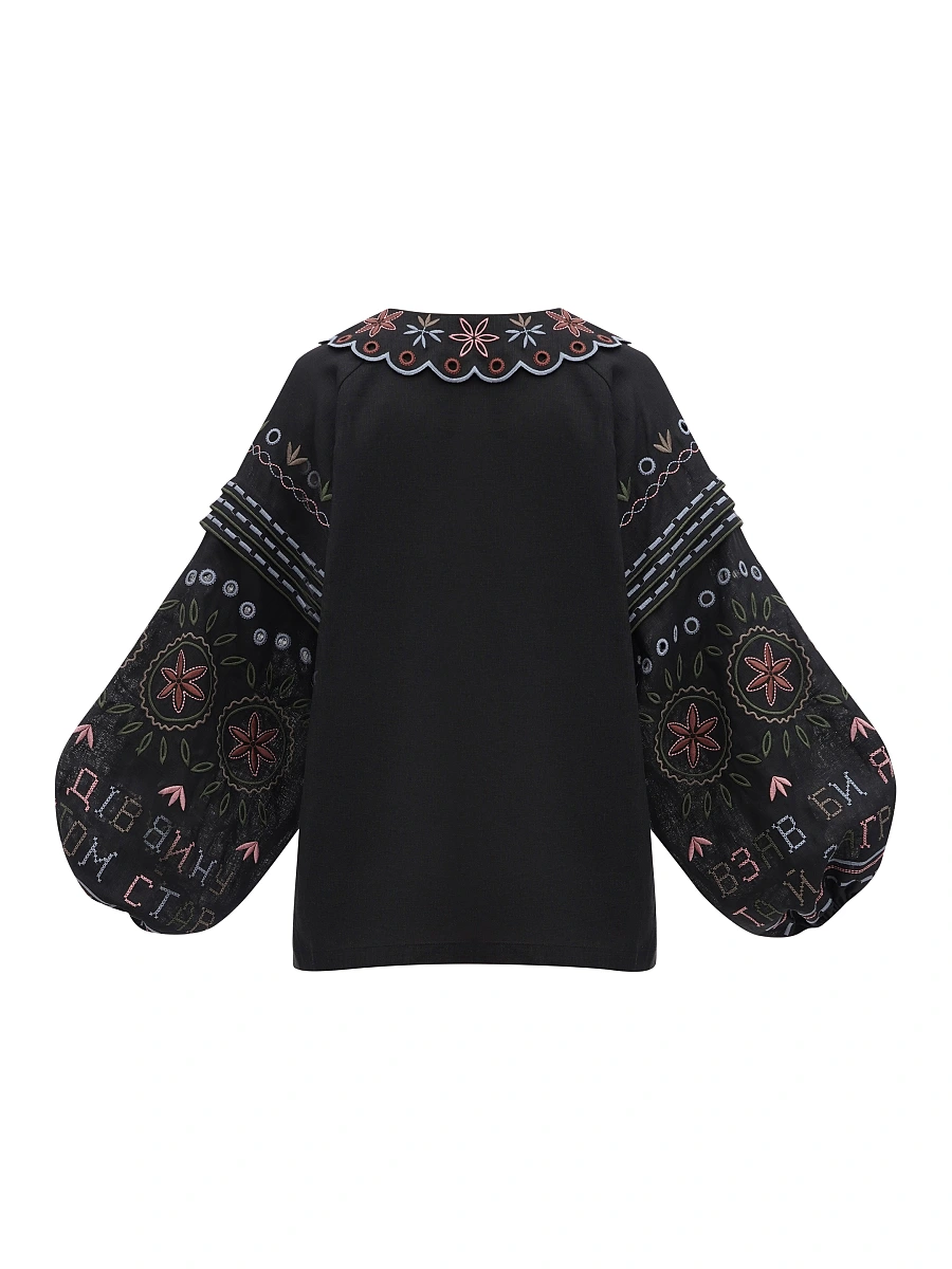 Embroidered beige linen shirt with a collar Bandura — Black