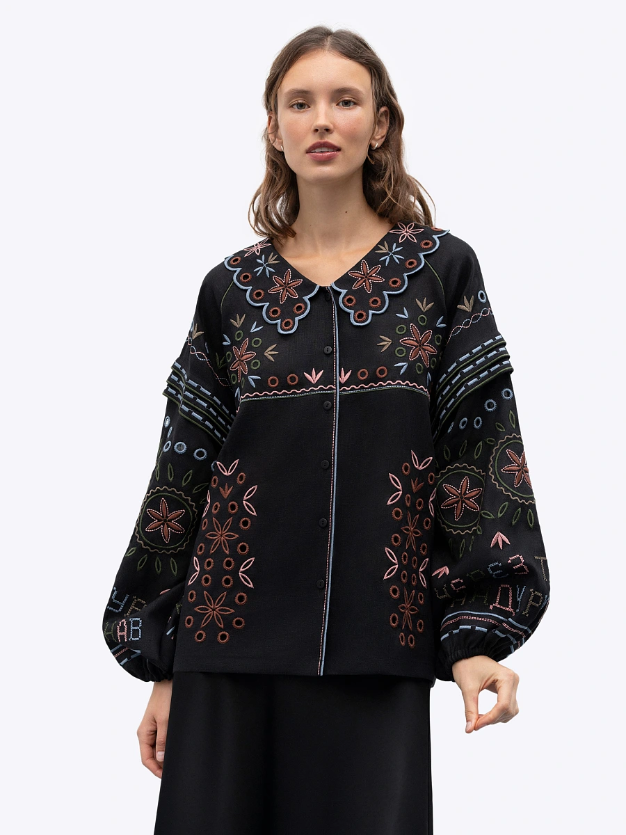 Embroidered beige linen shirt with a collar Bandura — Black