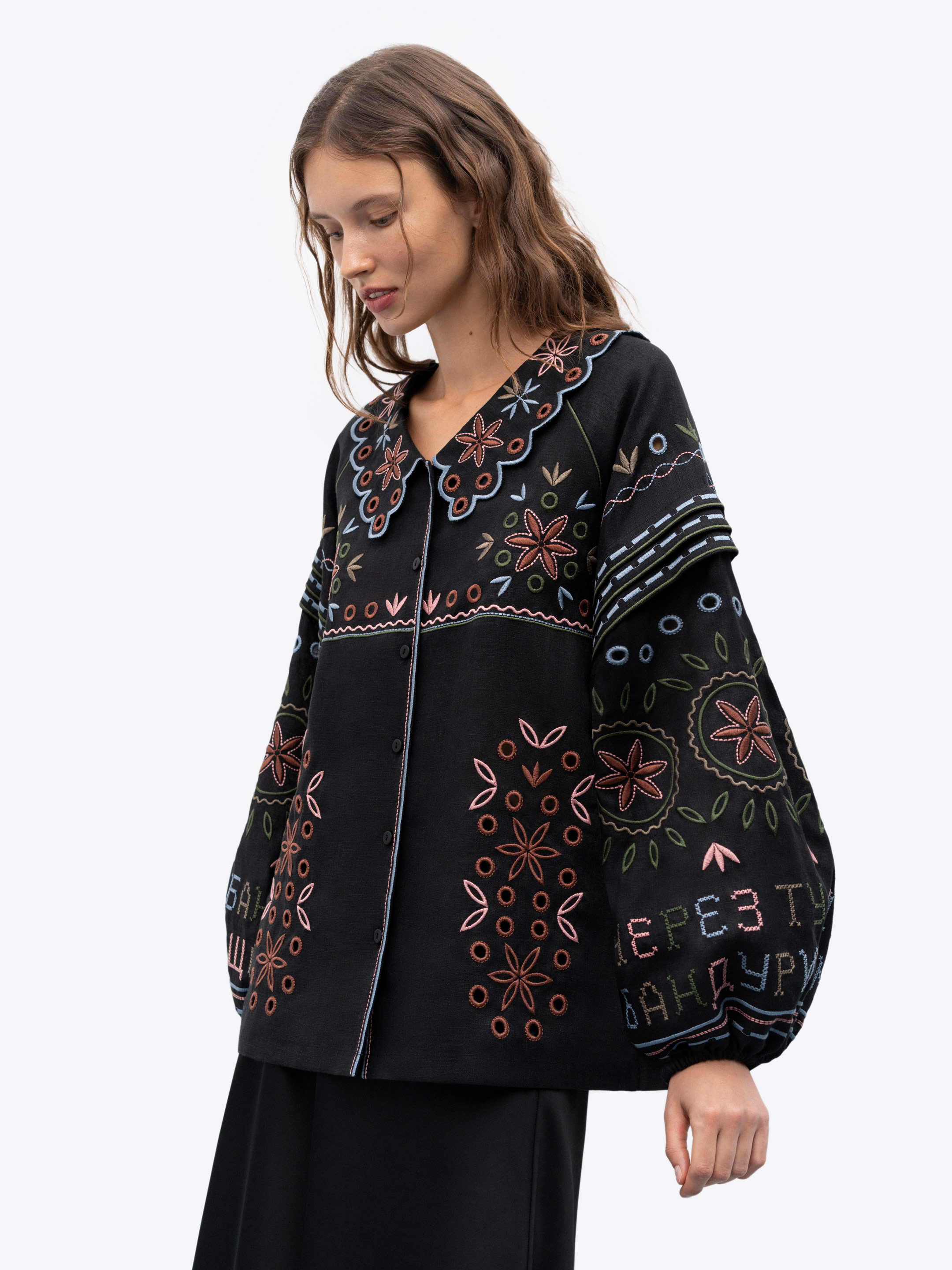 Embroidered jacket made of black linen with a collar Bandura Temna Buy