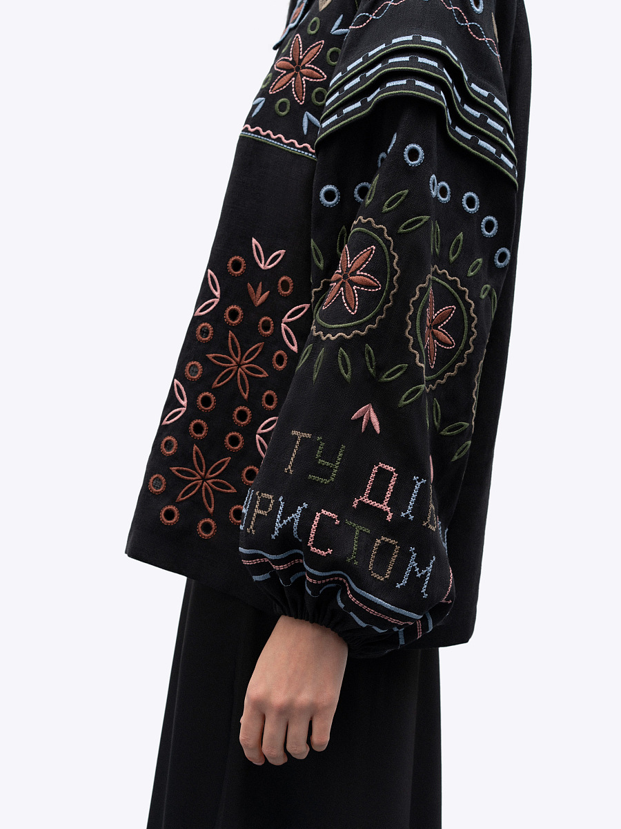 Embroidered jacket made of black linen with a collar Bandura Temna [0]