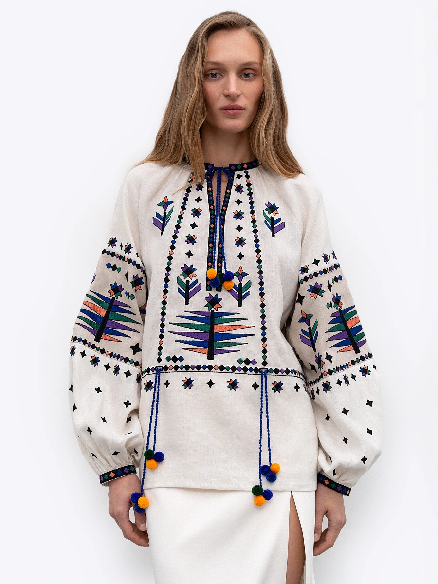 Women's embroidered shirt with geometric embroidery Melanka Temna — White