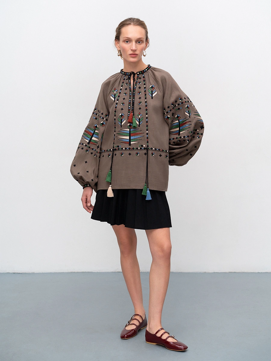 Women's embroidered shirt with geometric embroidery Melanka — Brown