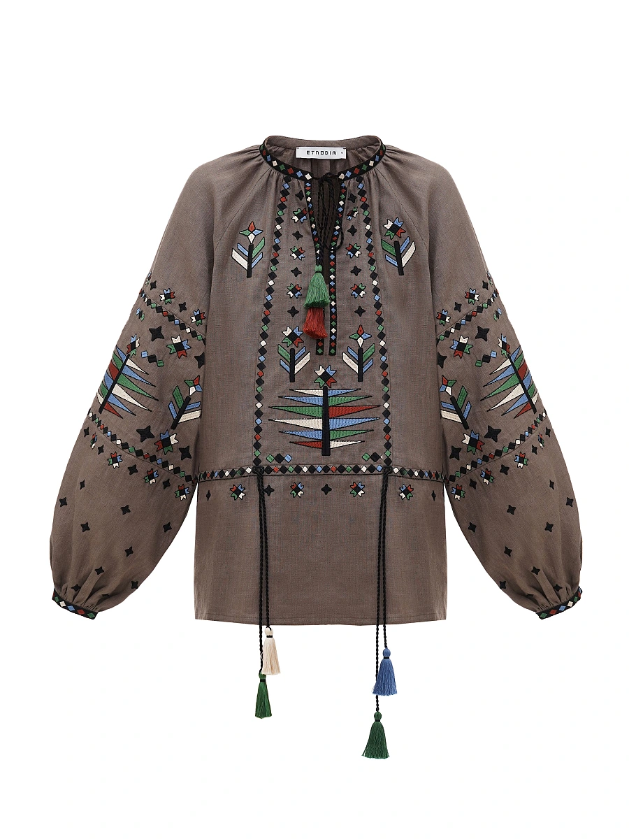 Women's embroidered shirt with geometric embroidery Melanka — Brown