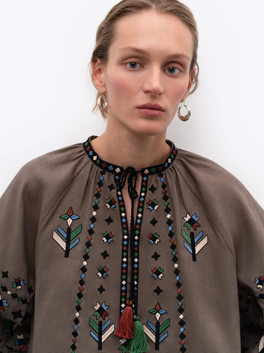 Women's embroidered shirt with geometric embroidery Melanka — Brown