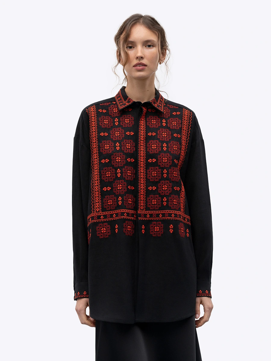 Red linen shirt with an embroidered ornament Nova Khata 1925 — Black