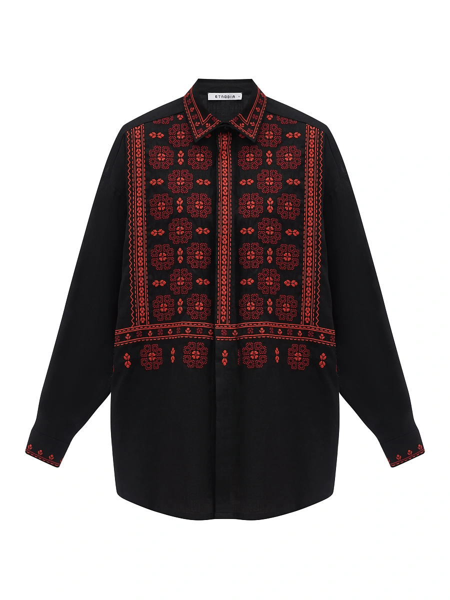 Red linen shirt with an embroidered ornament Nova Khata 1925 — Black