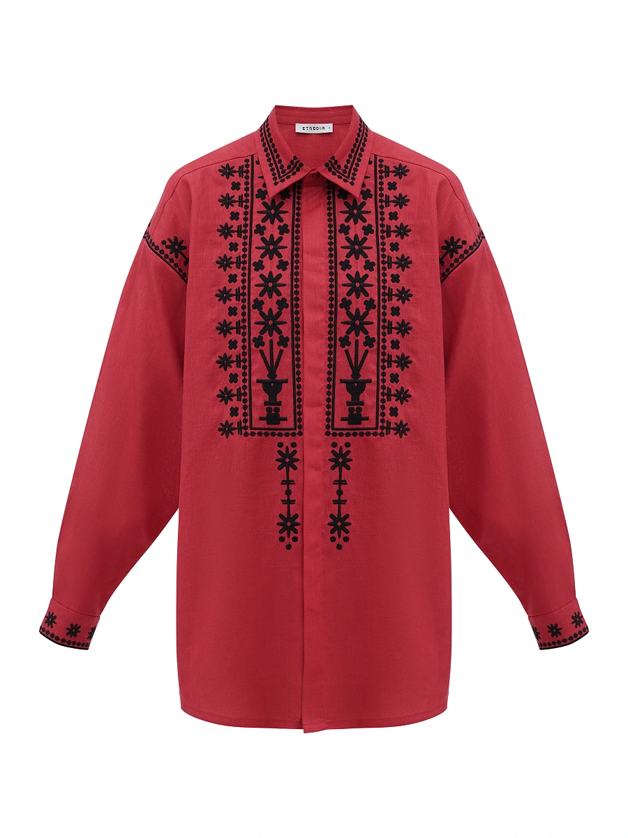 Black linen shirt with an embroidered ornament Nova Khata 1930 — Red