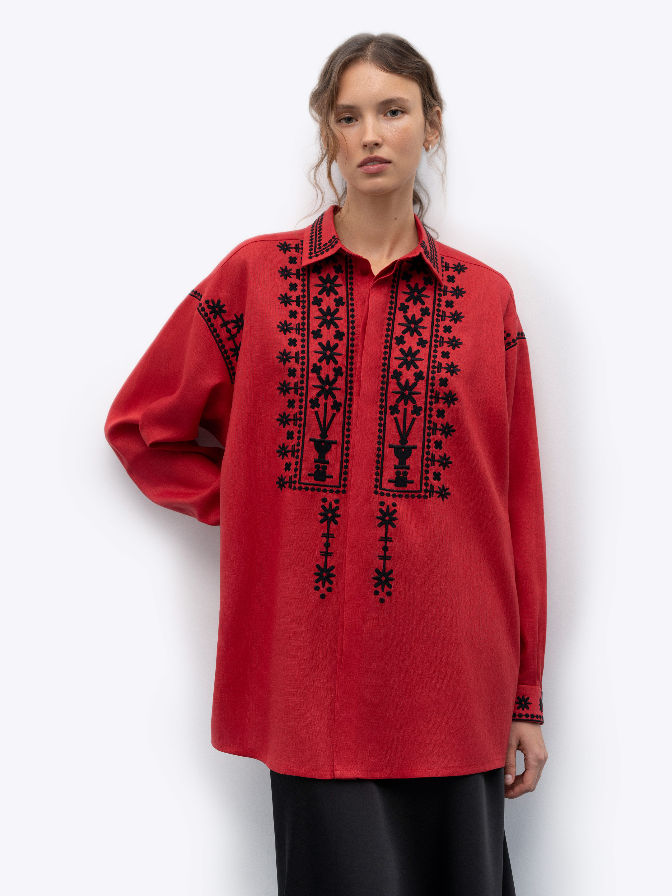 Red linen shirt with an embroidered ornament Nova Khata 1925 cheap