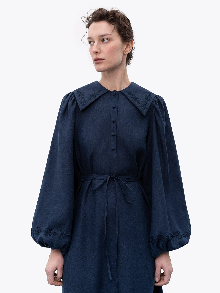Linen dress with embroidery Pervotsvit Light — Blue