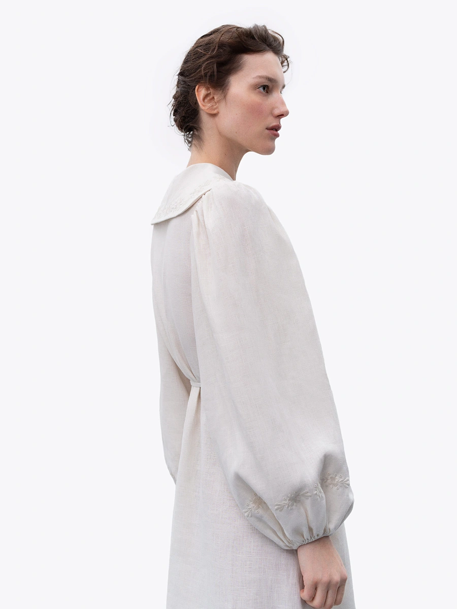 Linen dress with embroidery Pervotsvit Blue — Creamy