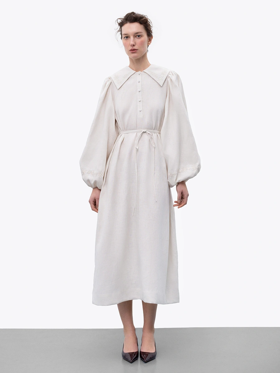 Linen dress with embroidery Pervotsvit Blue — Creamy