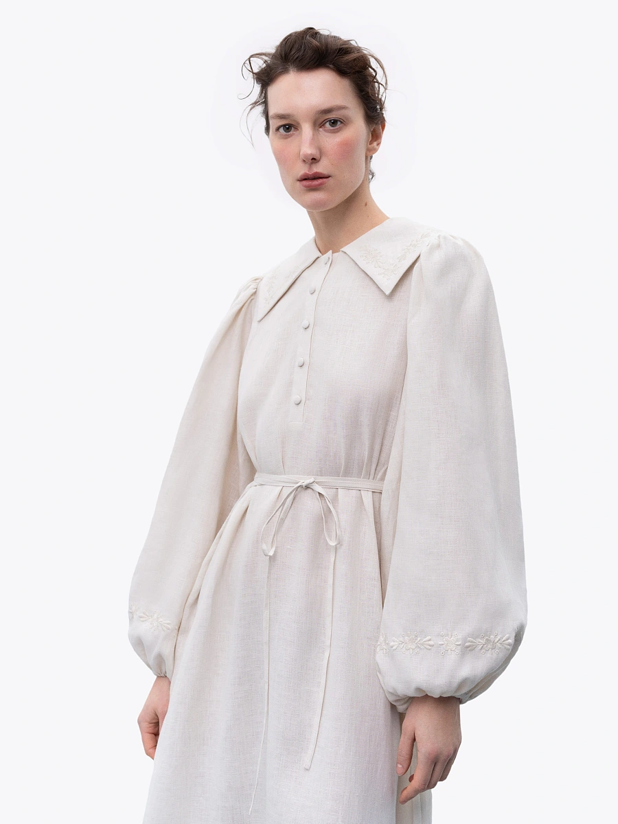 Linen dress with embroidery Pervotsvit Blue — Creamy