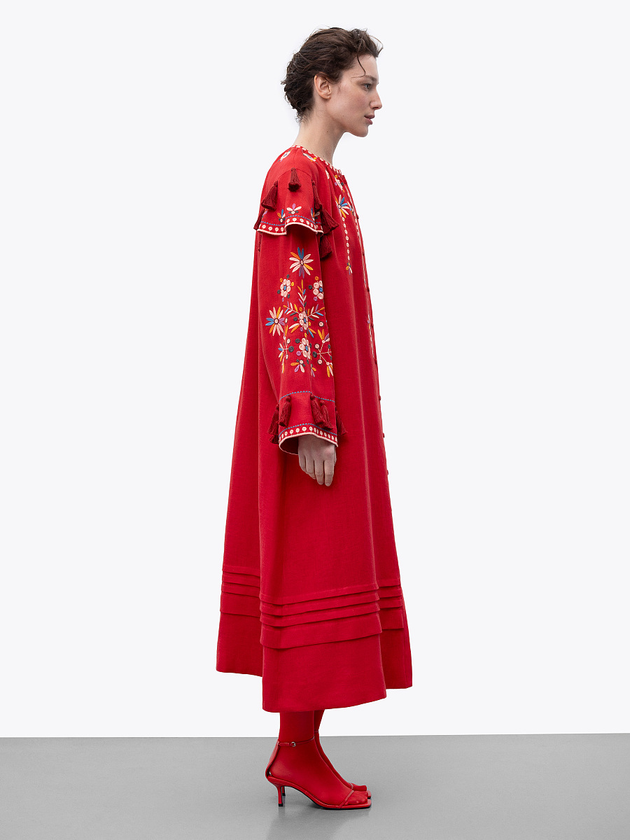 Red linen embroidered dress with floral motifs and tassels Vesnyanka Chervona [0]
