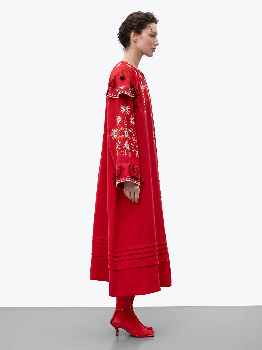 Beige linen embroidered dress with floral motifs and tassels Vesnyanka Beige — Red