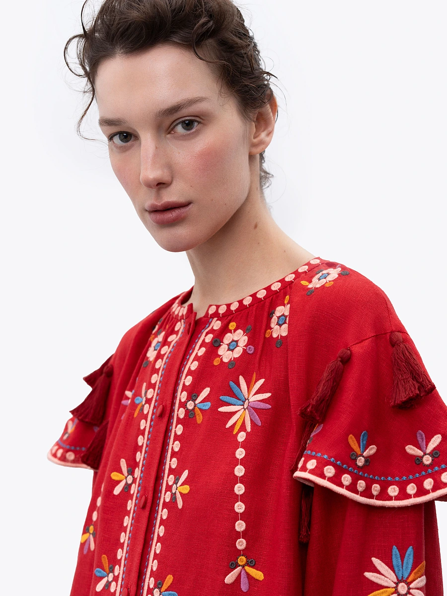 Beige linen embroidered dress with floral motifs and tassels Vesnyanka Beige — Red