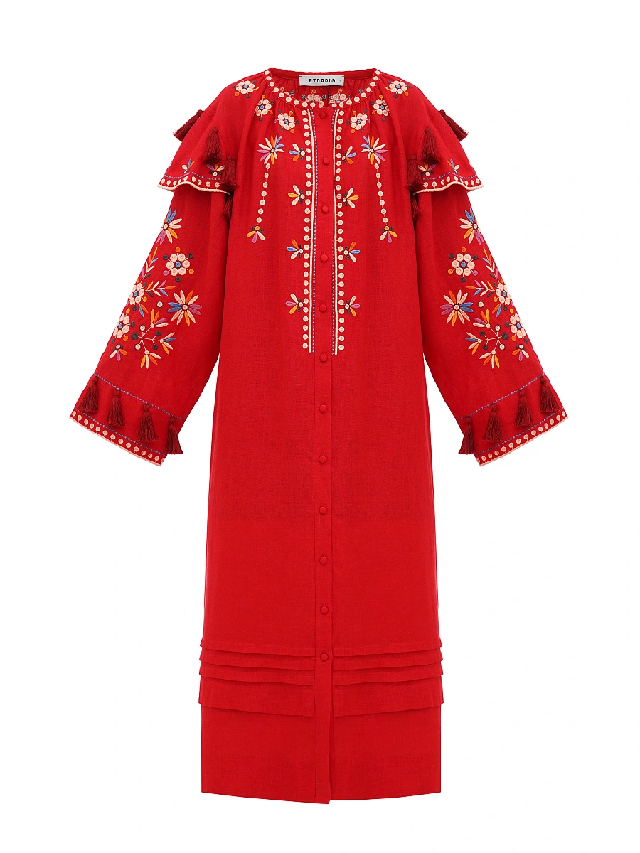 Beige linen embroidered dress with floral motifs and tassels Vesnyanka Beige — Red