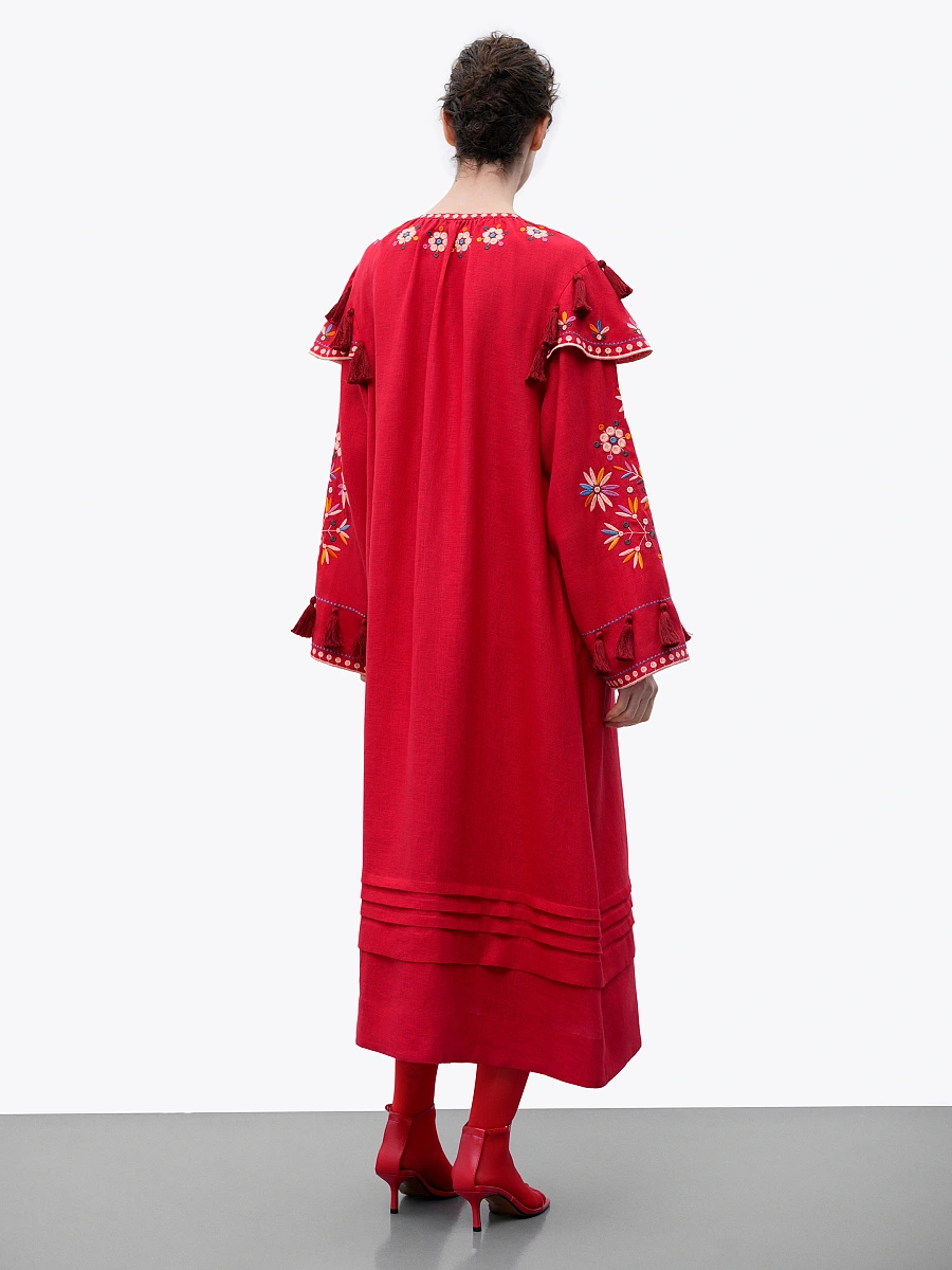 Beige linen embroidered dress with floral motifs and tassels Vesnyanka Beige — Red
