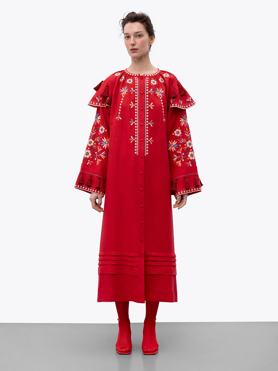Beige linen embroidered dress with floral motifs and tassels Vesnyanka Beige — Red