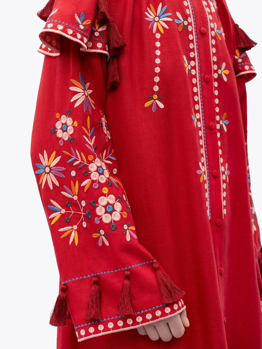 Beige linen embroidered dress with floral motifs and tassels Vesnyanka Beige — Red