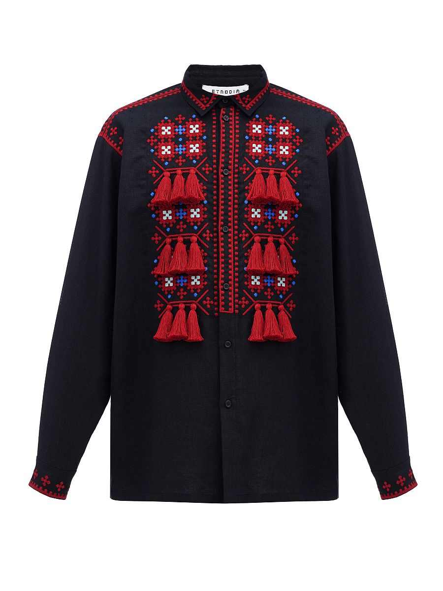 Men's embroidered shirt with a collar and massive tassels Zemlya [0]